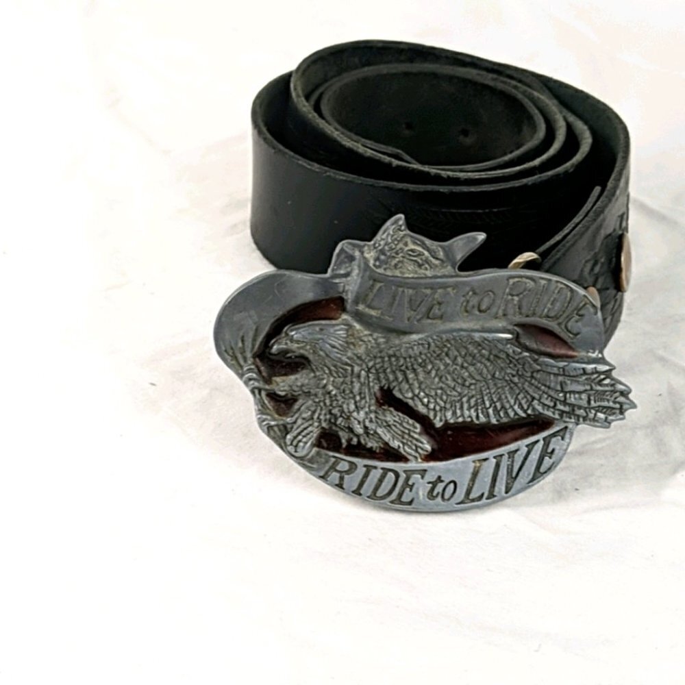VINTAGE black Leather eagle buckle belt ~ grunge rock